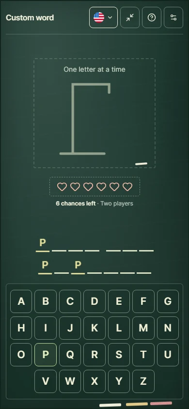 PASS THE POPCORN after guessing P in Hangman A real two-player Hangman round with all three P positions revealed and six chances remaining