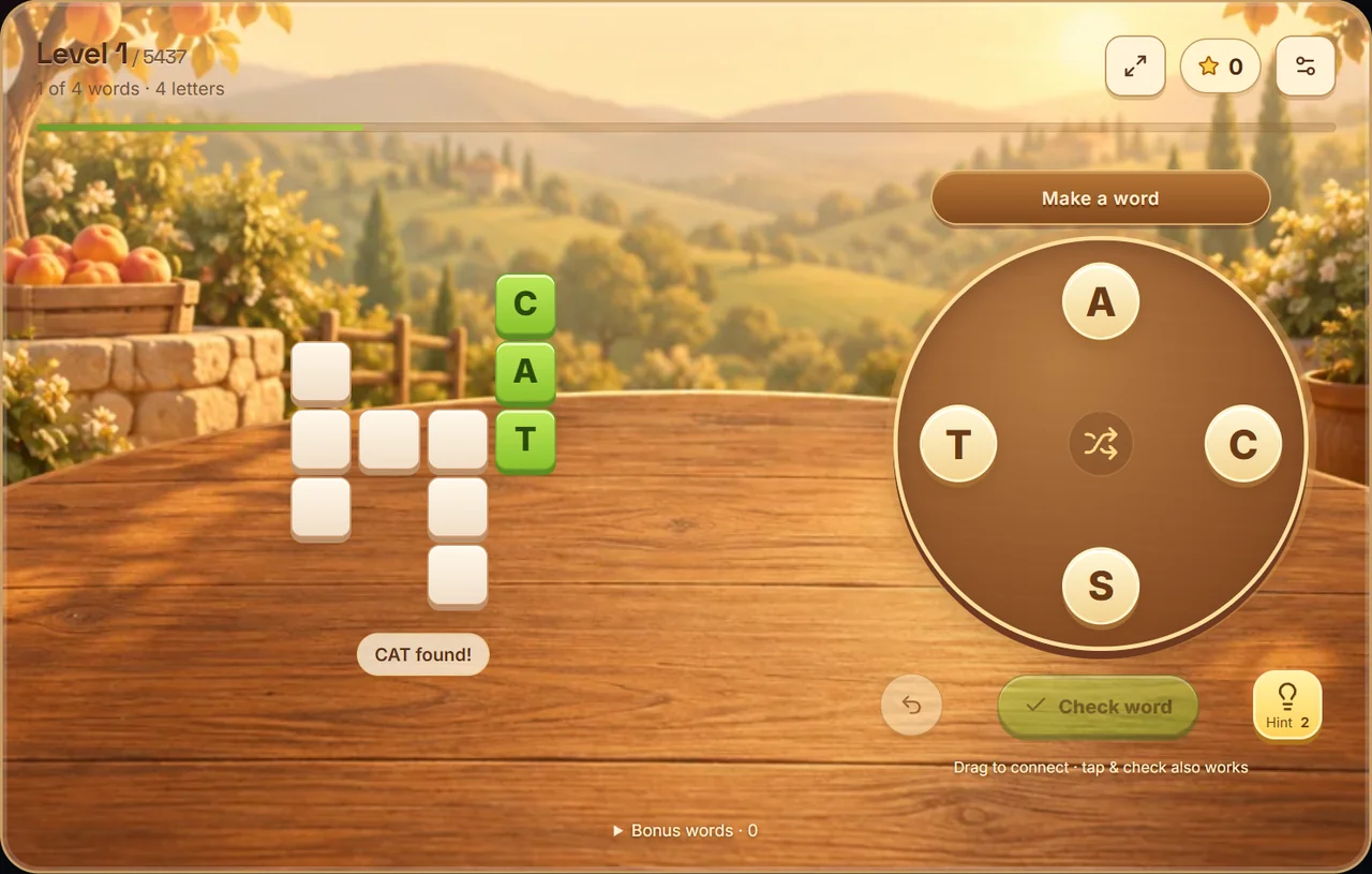 Word Connect level one with CAT completed in green and its T shared with an unfinished answer