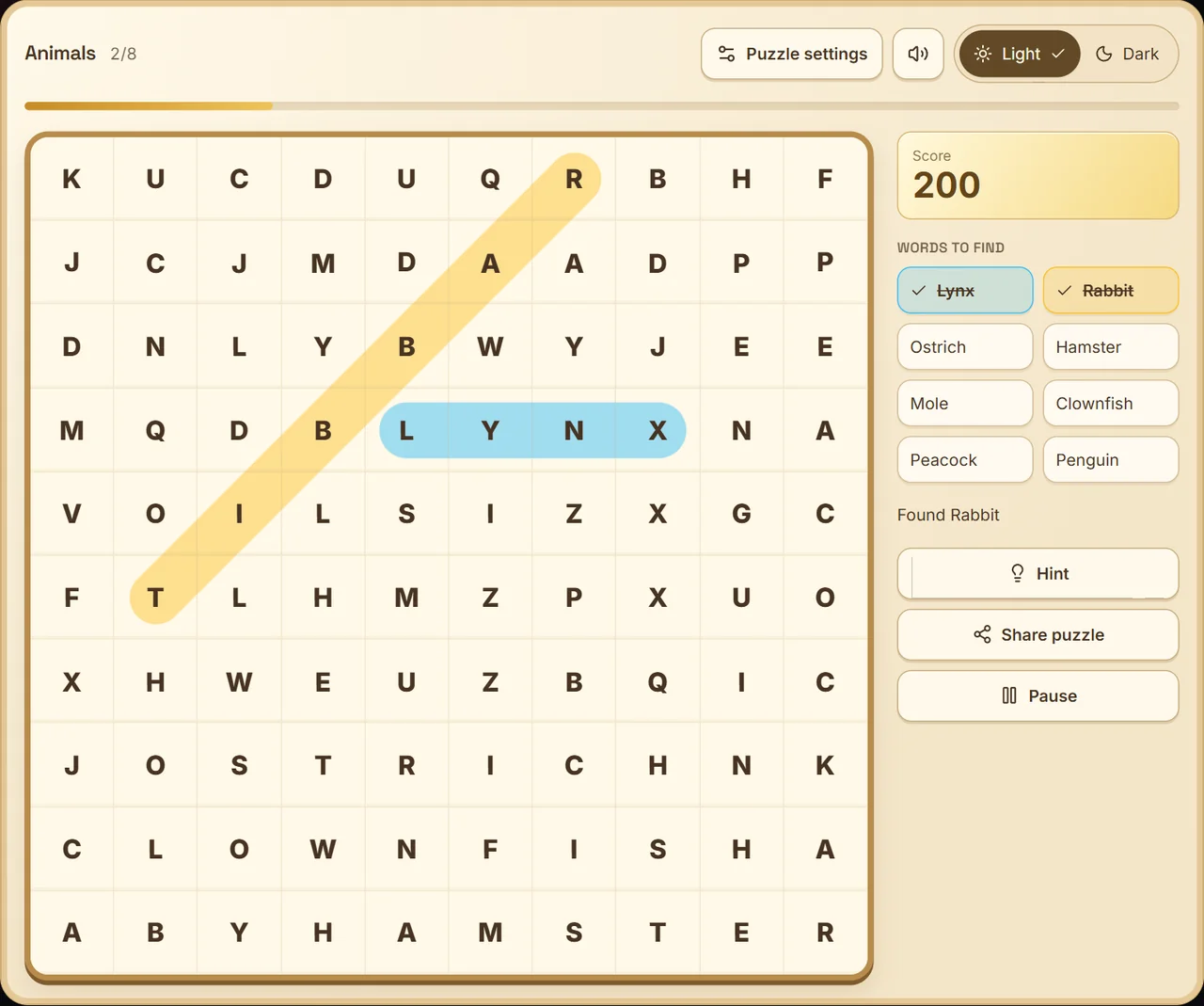 Word Search Animals grid with Lynx highlighted horizontally, Rabbit diagonally and a score of 200