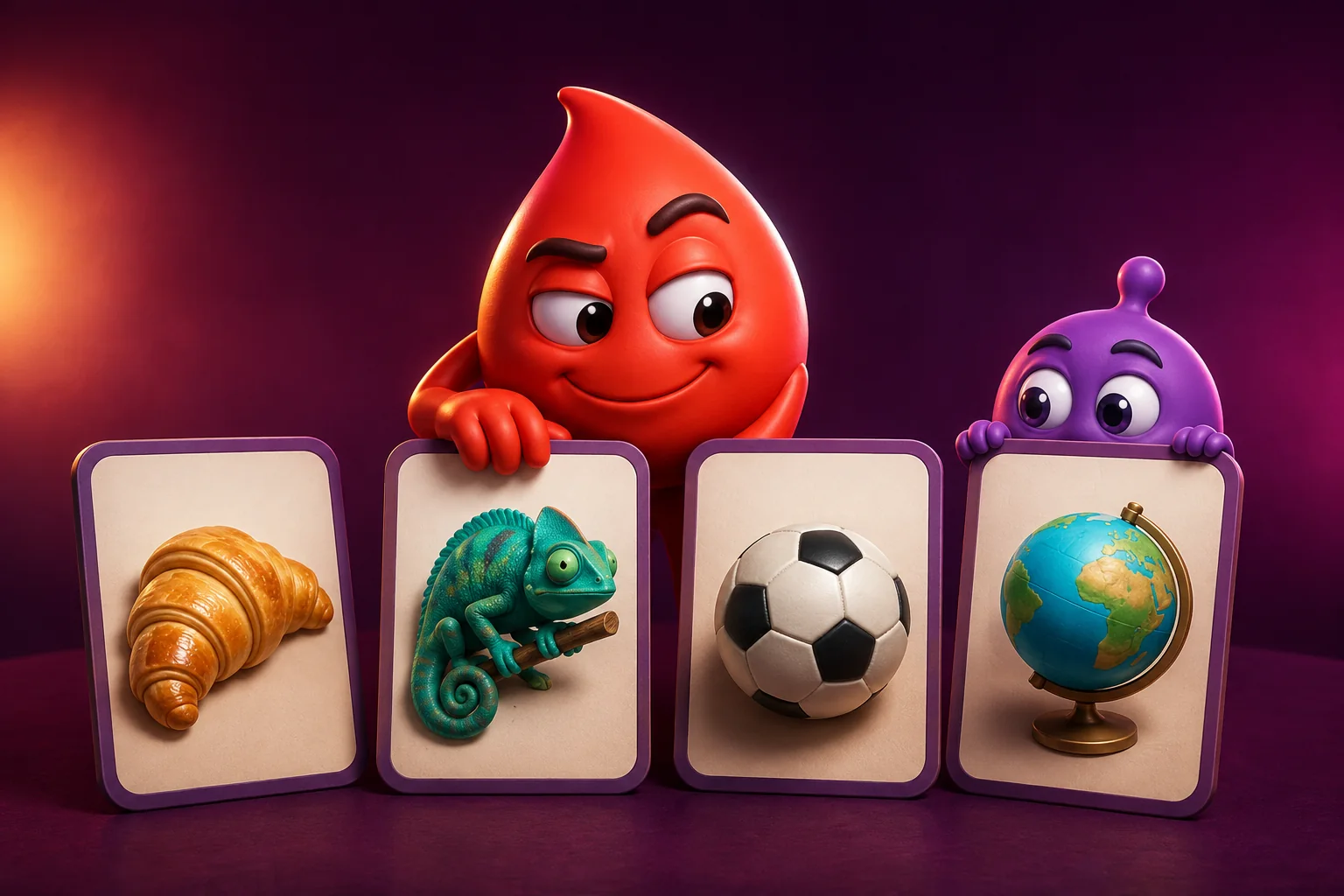 Red and purple characters choosing cards showing food, an animal, football and a globe