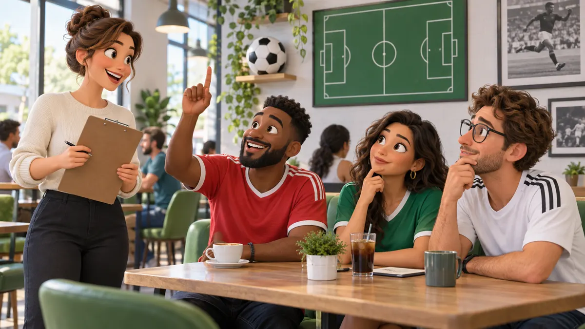 Illustrated football quiz host with a clipboard and three friends in a cafe beside a soccer ball