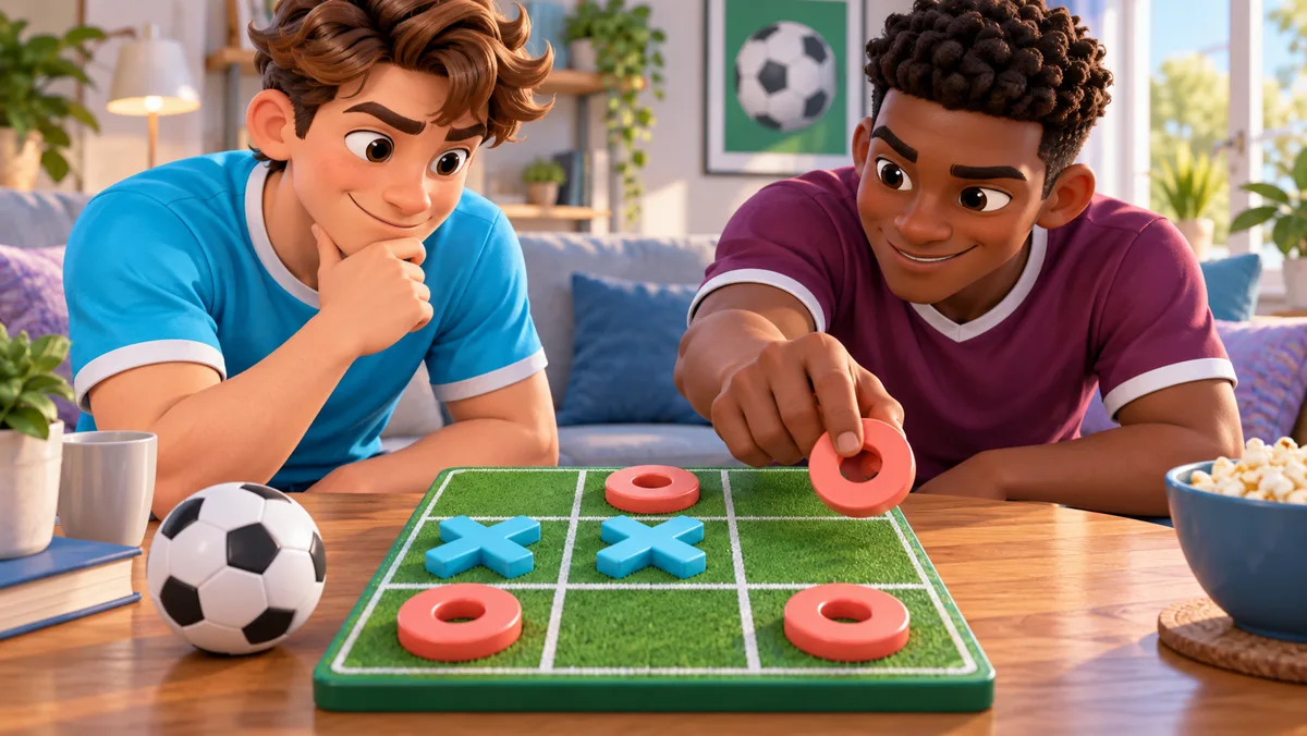Two friends consider a blocking move on a football tic-tac-toe board with X and O pieces
