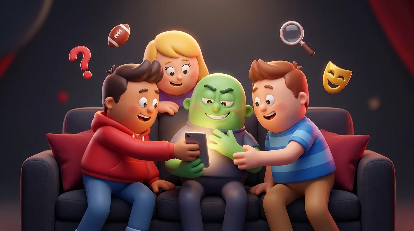 Illustrated group of friends on a sofa passing one glowing smartphone from hand to hand