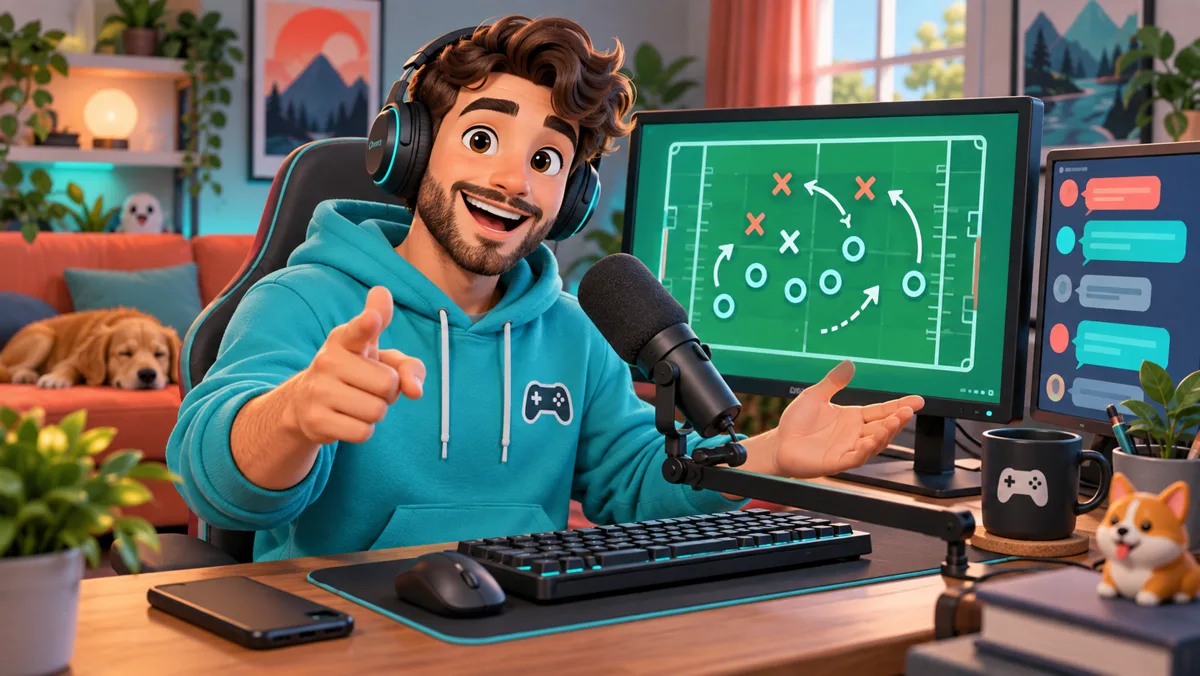 Illustrated streamer with a microphone, a shared game board and chat, keeping a phone face down beside the keyboard