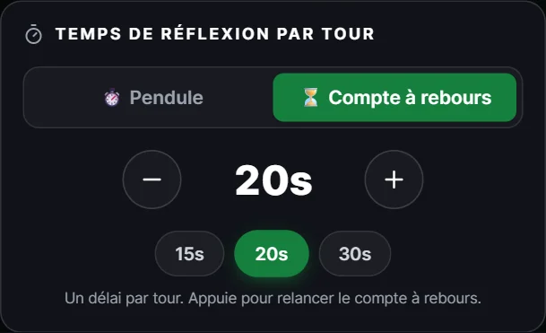 Choix entre pendule et compte à rebours de 20 secondes dans Devine le Joueur