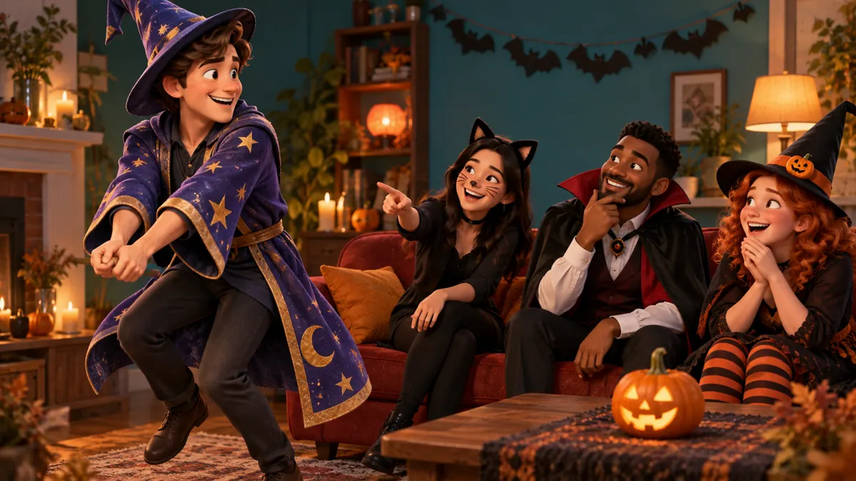 Illustrated costume-party guest mimes riding a broom while three friends guess beside a carved pumpkin