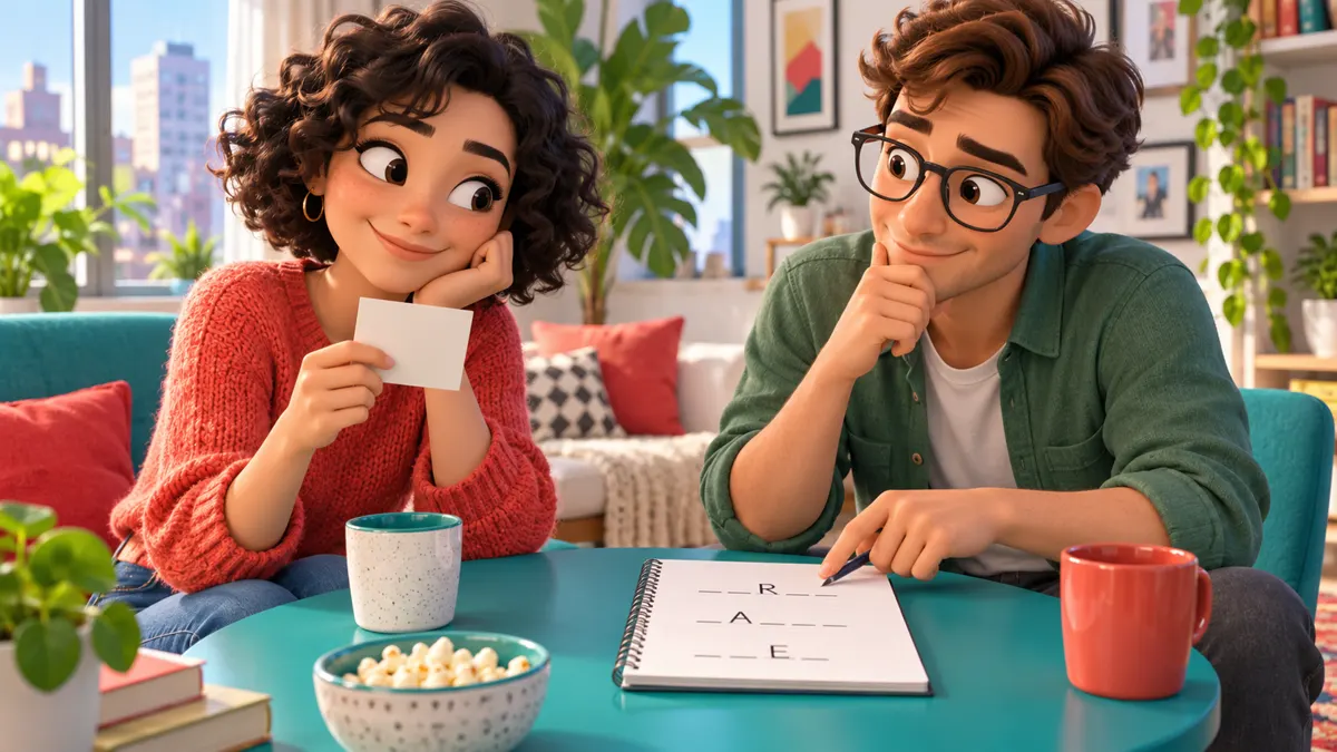 Illustrated friends choosing letters from a notebook while one keeps the Hangman answer card hidden