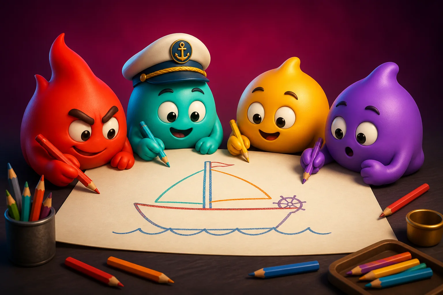 Four colorful cartoon characters adding pencil lines to a shared sailboat drawing