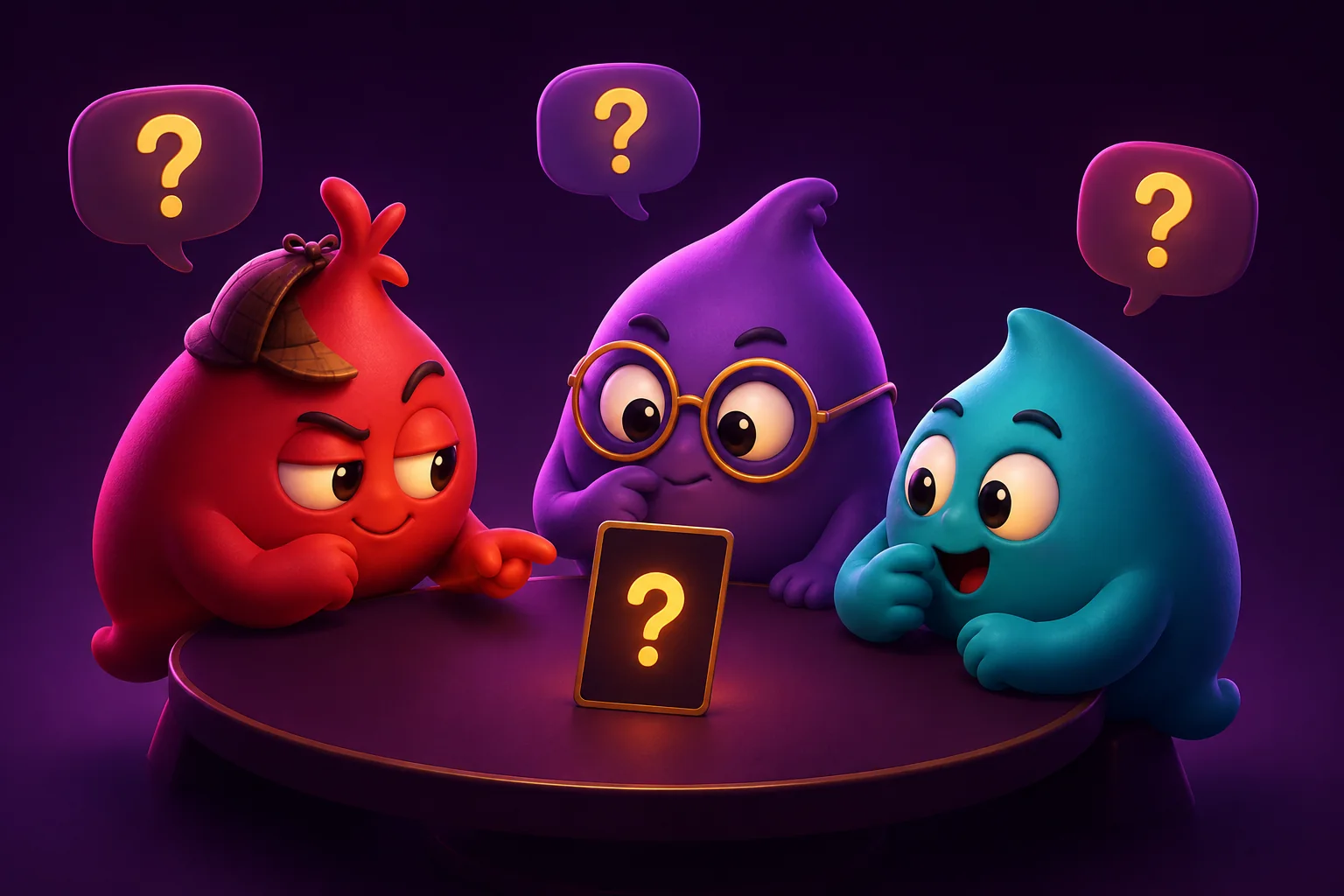 Red detective, purple character with glasses and turquoise friend discussing a hidden question-mark card