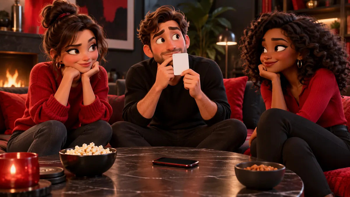 Three friends comparing clues during a secret-word party game