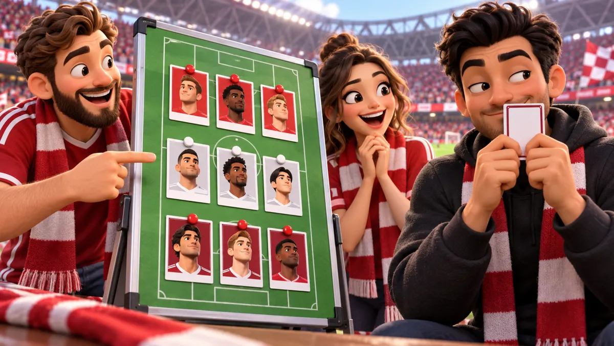 Aficionados eligiendo tarjetas ilustradas de futbolistas para un juego de pistas