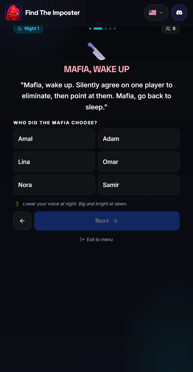 The narrator's Mafia night screen with a private target selector and read-aloud script