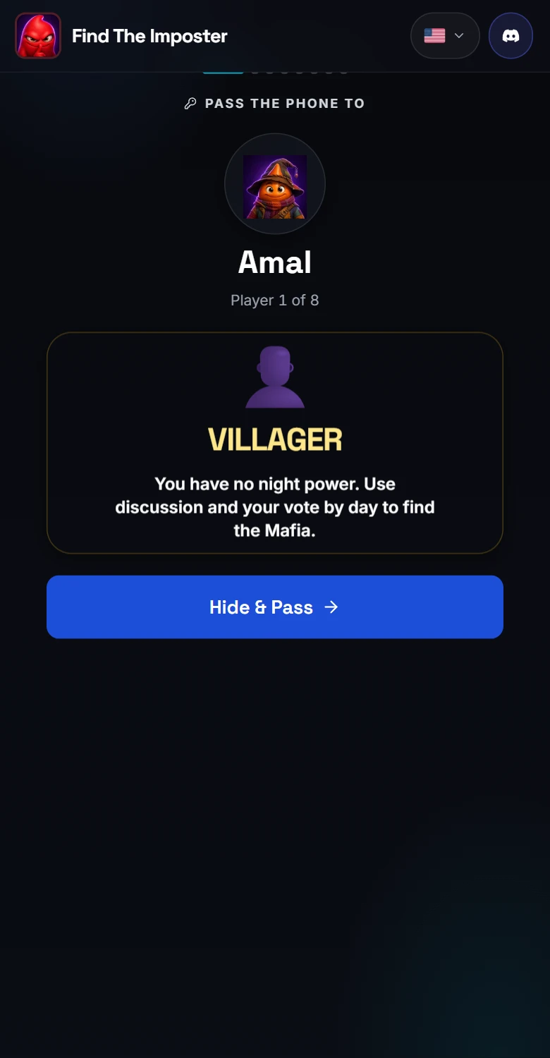 A private Mafia role card revealed during the example game