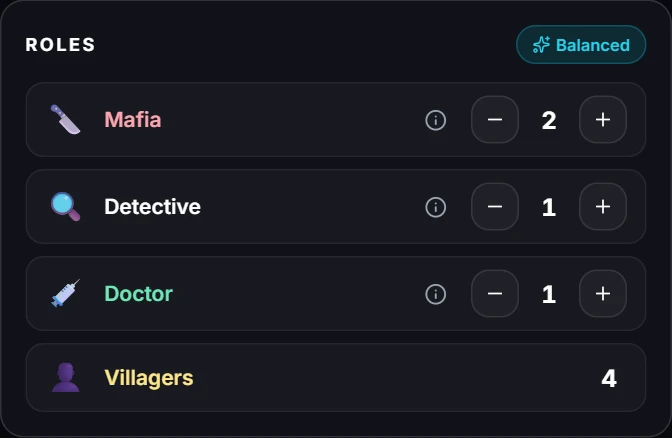 Eight-player Mafia setup showing two Mafia, one Detective, one Doctor and four Villagers