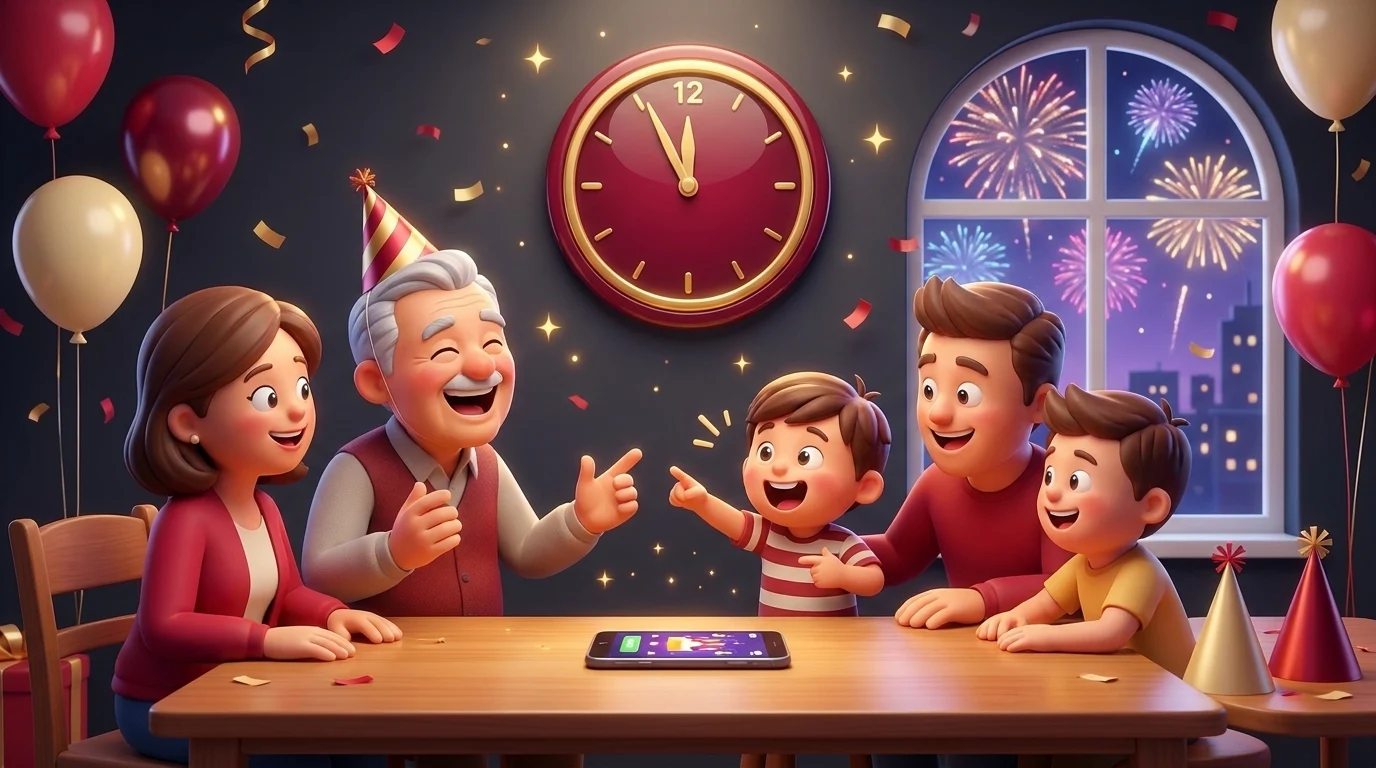 Illustrated friends and family around a table playing a phone party game under a big countdown clock and fireworks