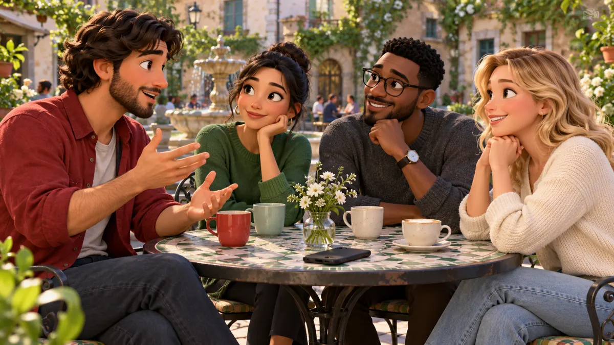 Four illustrated friends listening to a clue at an outdoor cafe table with a phone face down