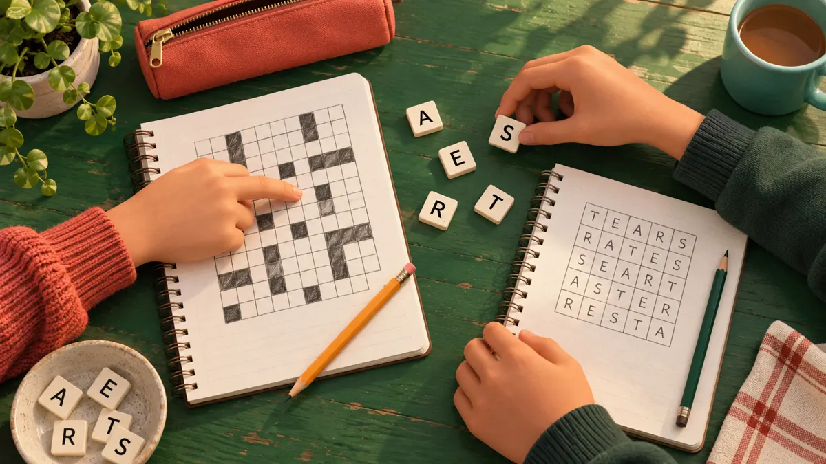Illustrated hands arranging letter tiles beside paper word grids on a green table