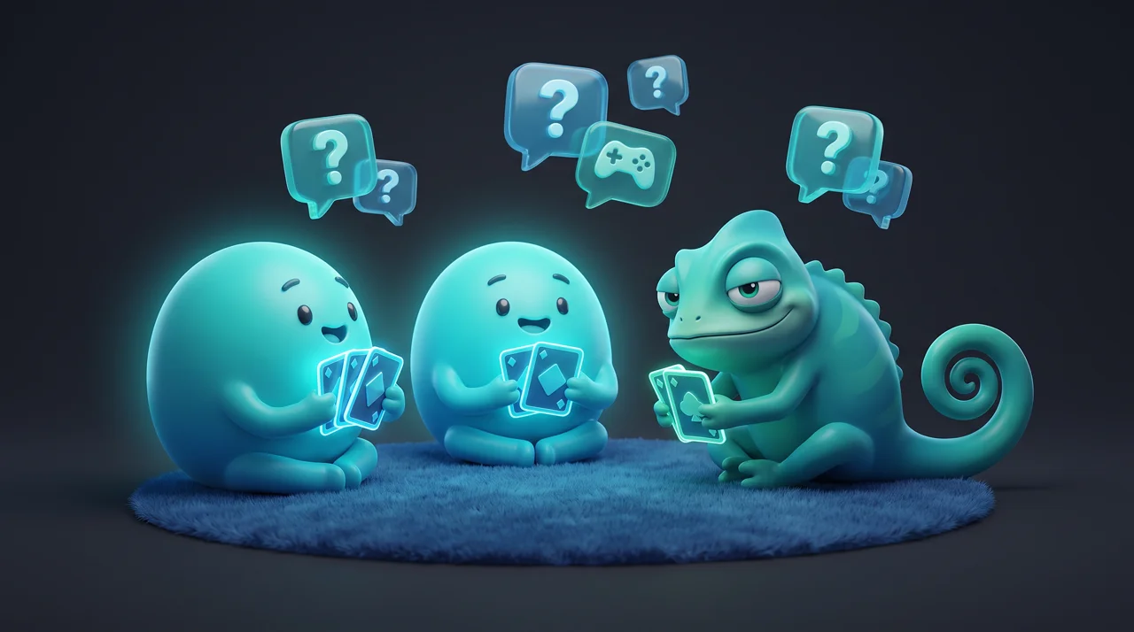 Two turquoise characters and a chameleon holding cards with different symbols