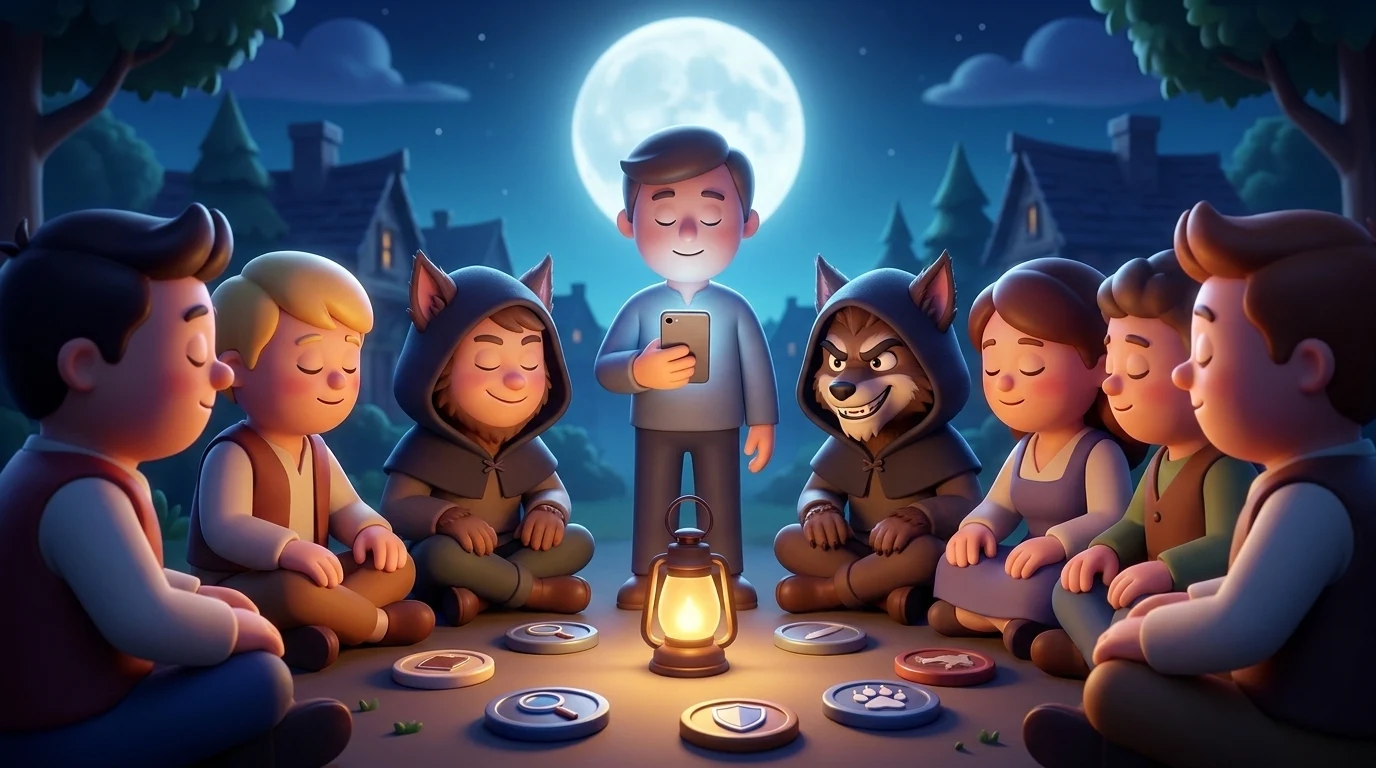 Illustrated village circle at night with a narrator holding a phone while one player hides werewolf ears under a hood