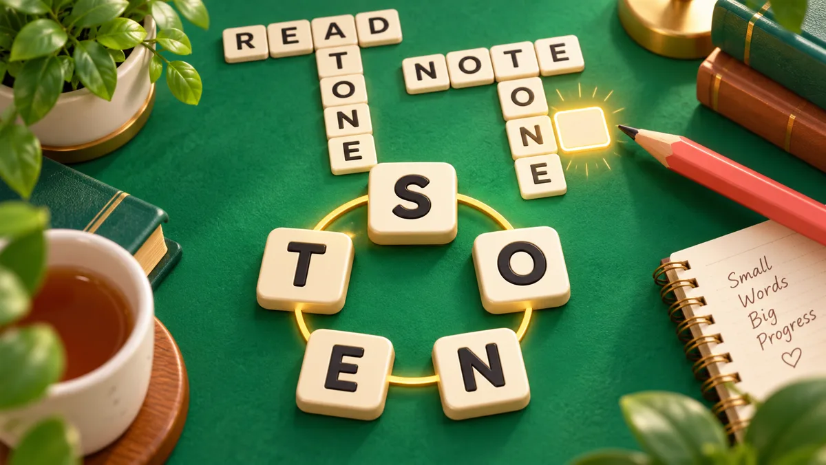 S, T, O, N and E letter tiles on a wheel beside a crossword with one missing answer